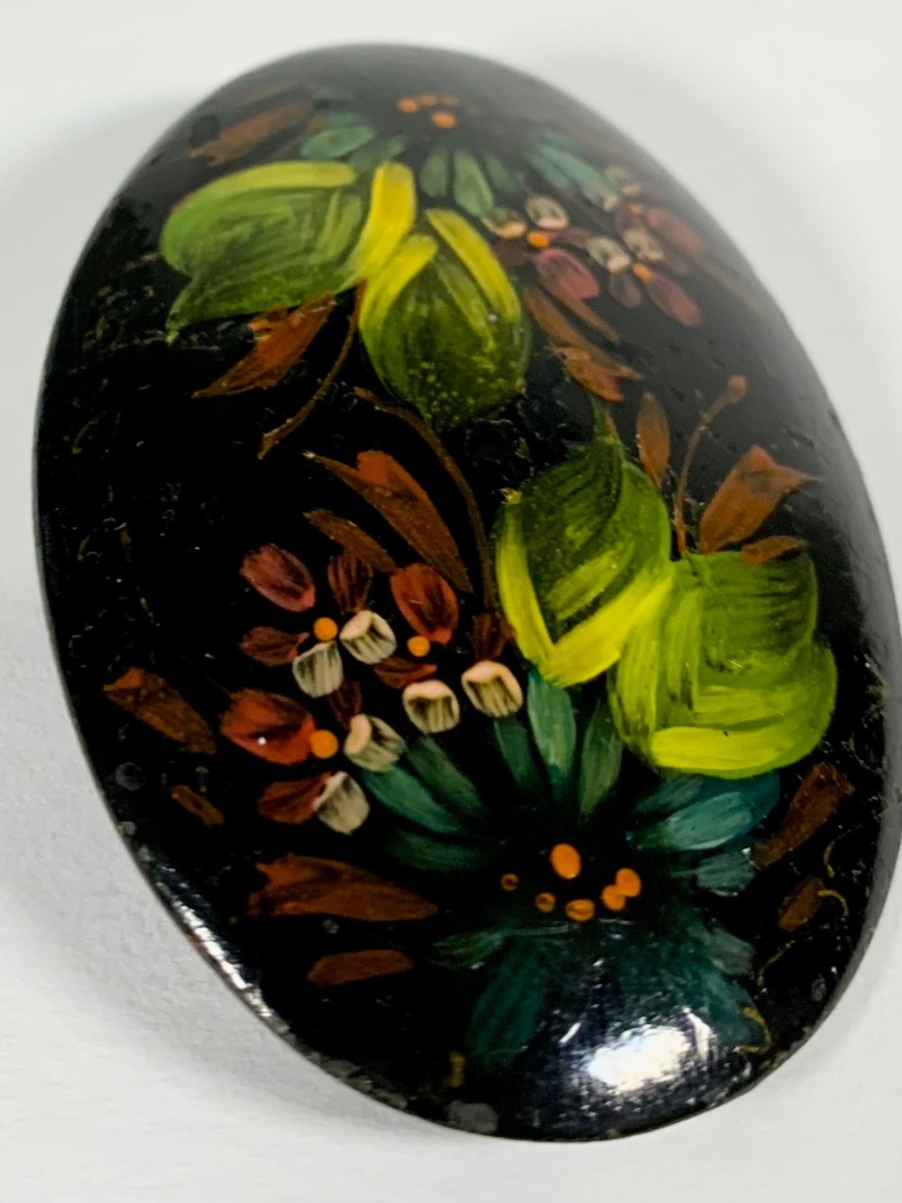 Russian Lacquer Brooch Hand Painted Fedoskino Palekh Style Floral Pin Black